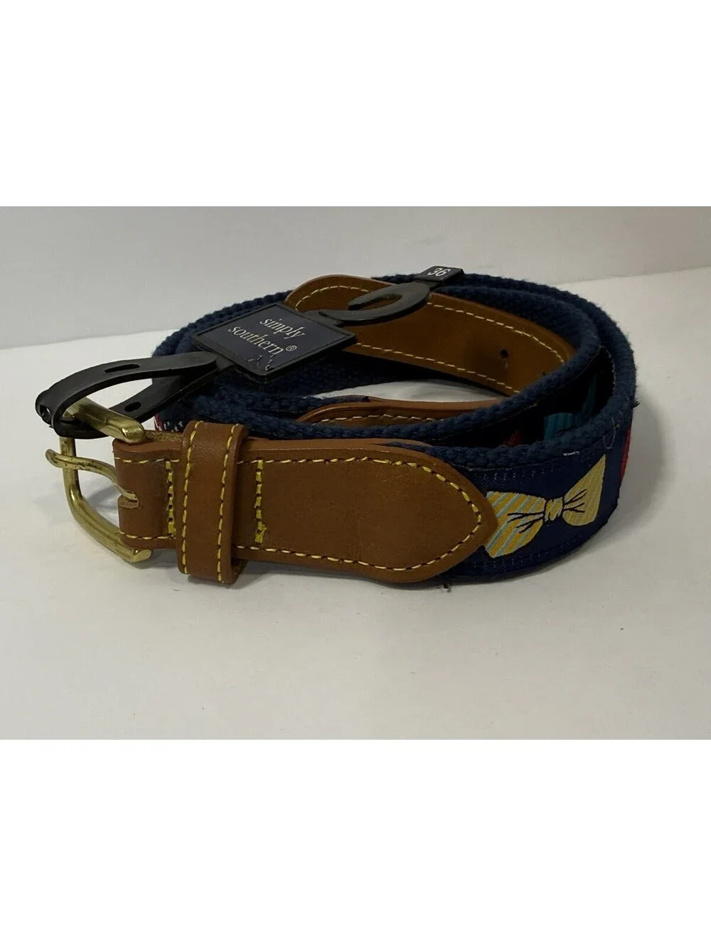 Men's Size 36 Simply Southern Collection Bow Tie Patterned Canvas/Leather Belt